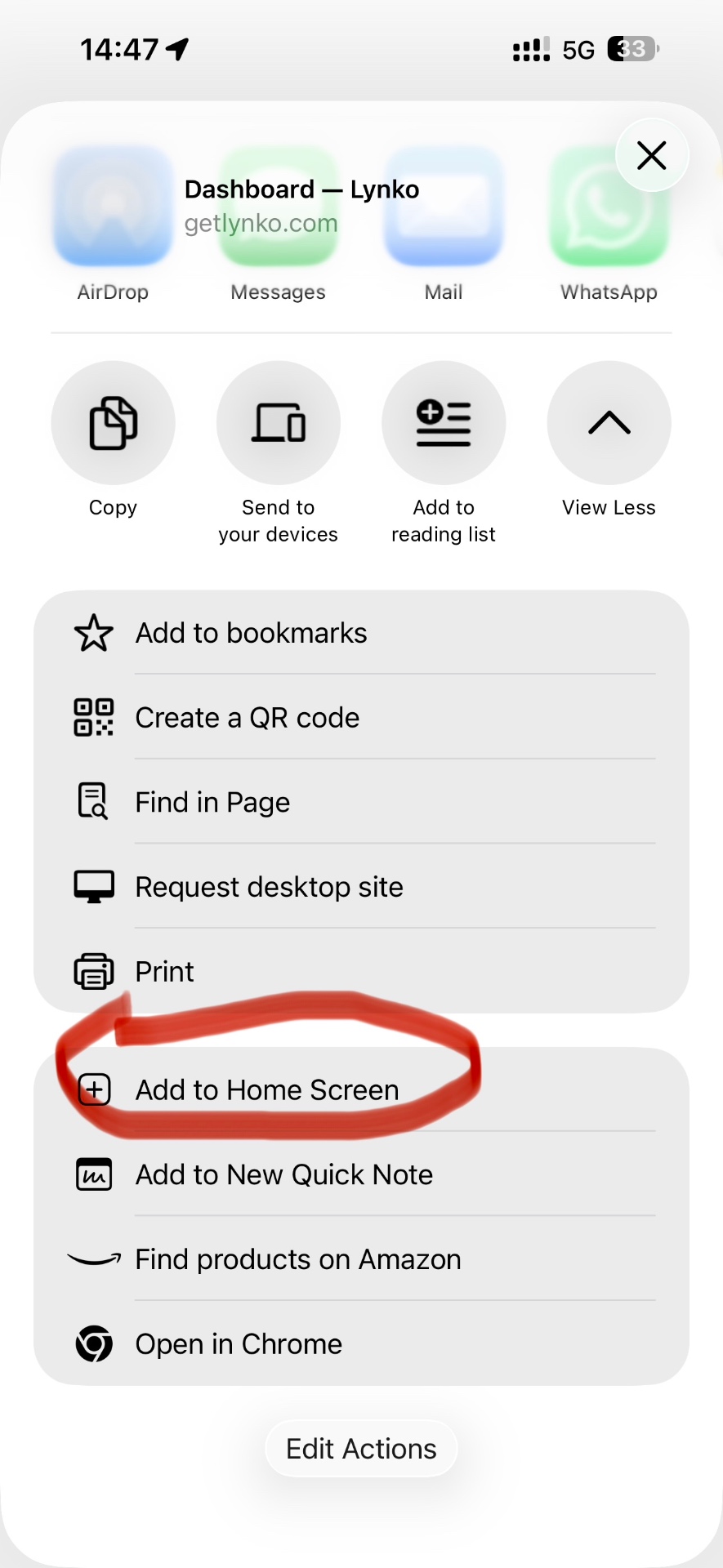 iPhone share sheet showing Add to Home Screen option