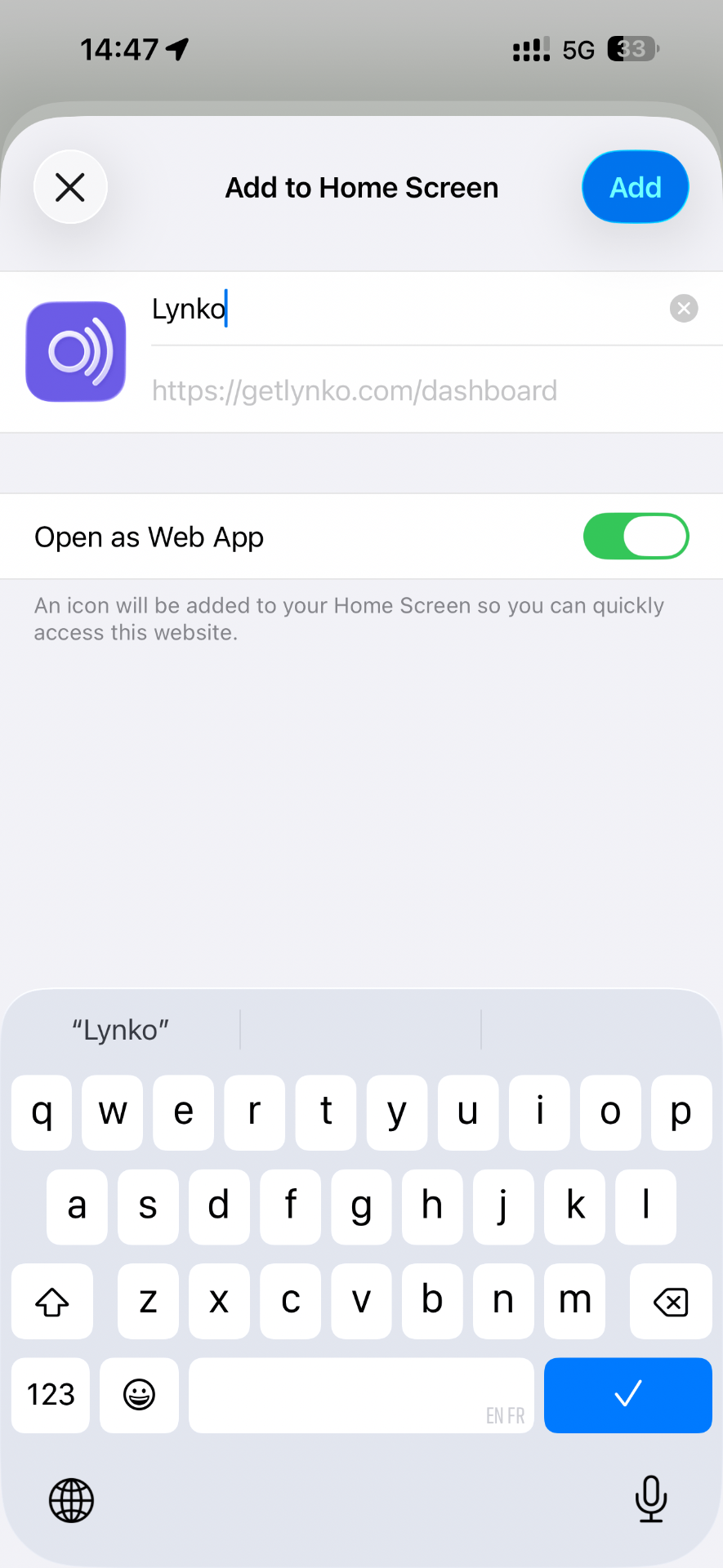 Lynko app icon on iPhone home screen