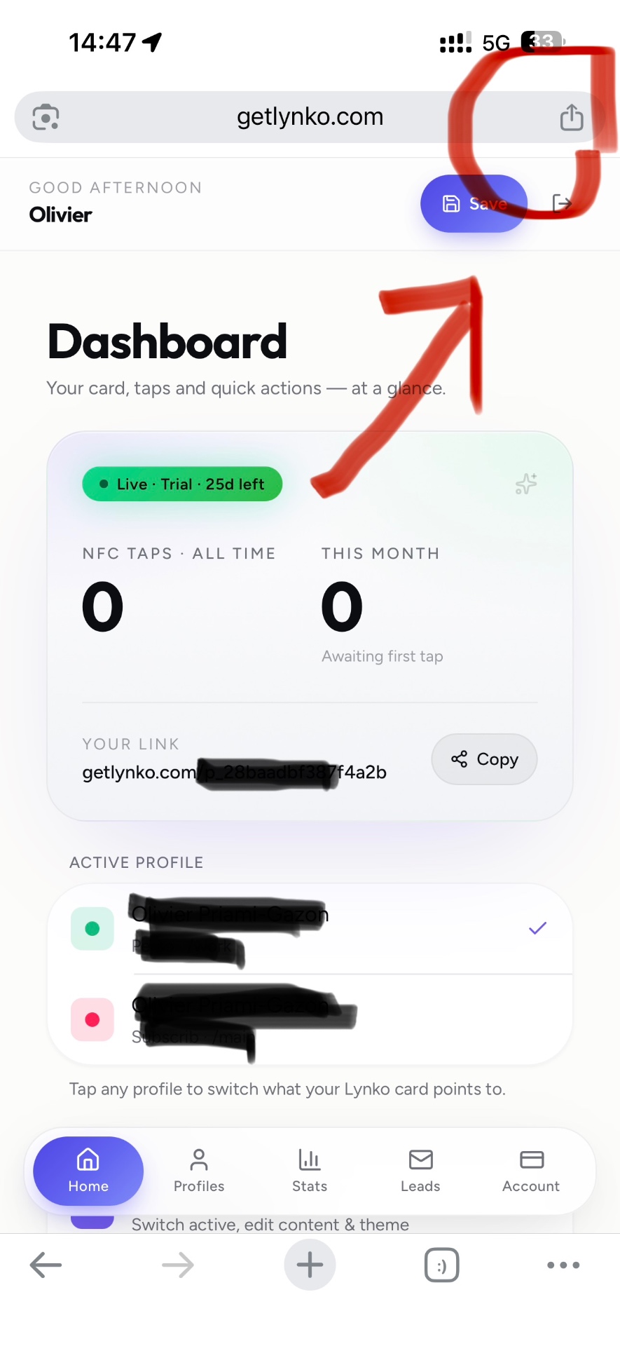 iPhone Safari with share button highlighted